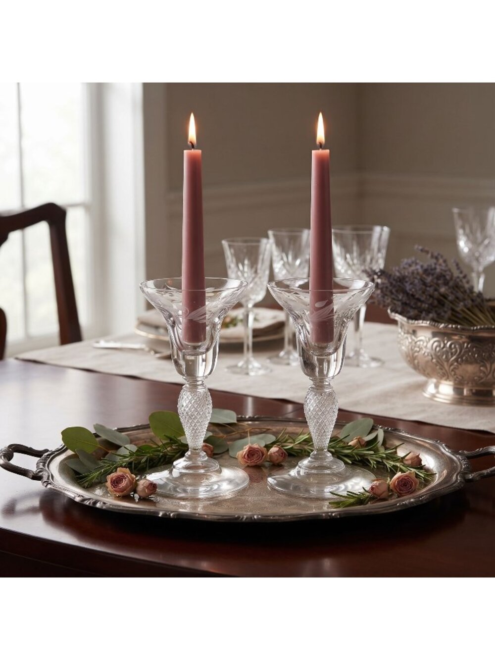 Vintage Mikasa Early Spring Lily of the Valley Etched Glass Candlesticks Pair